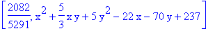 [2082/5291, x^2+5/3*x*y+5*y^2-22*x-70*y+237]